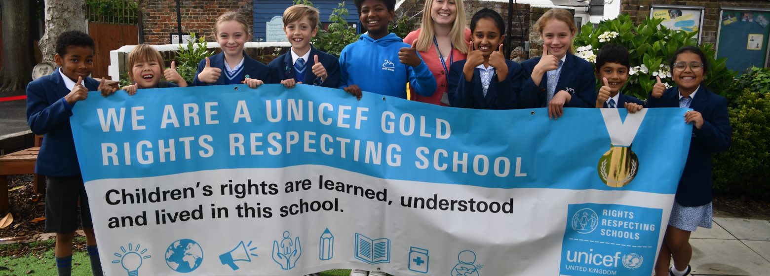 A big poster showing that Avon House School is a Rights Respecting School