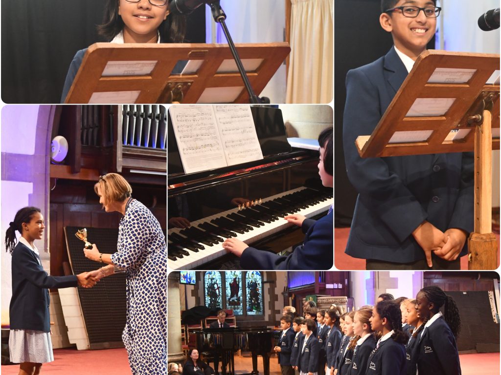 Students playing the piano, receiving awards and singing on the stage