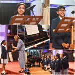 Students playing the piano, receiving awards and singing on the stage