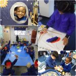 Students painting a space rocket using arts and crafts