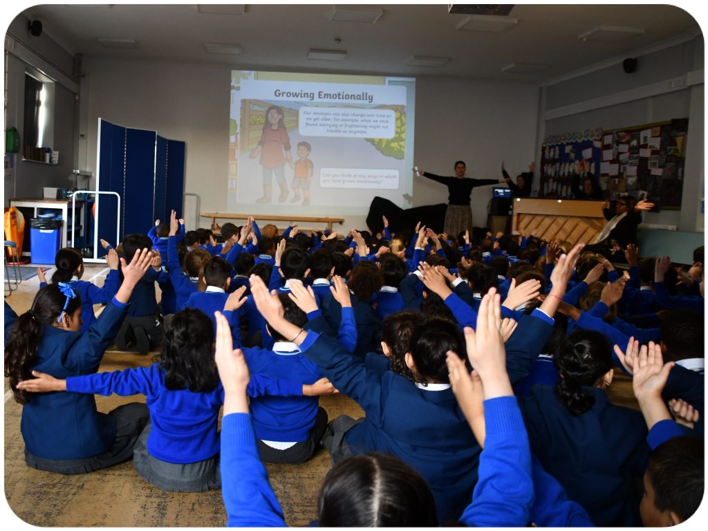 Students waving their hands in the air