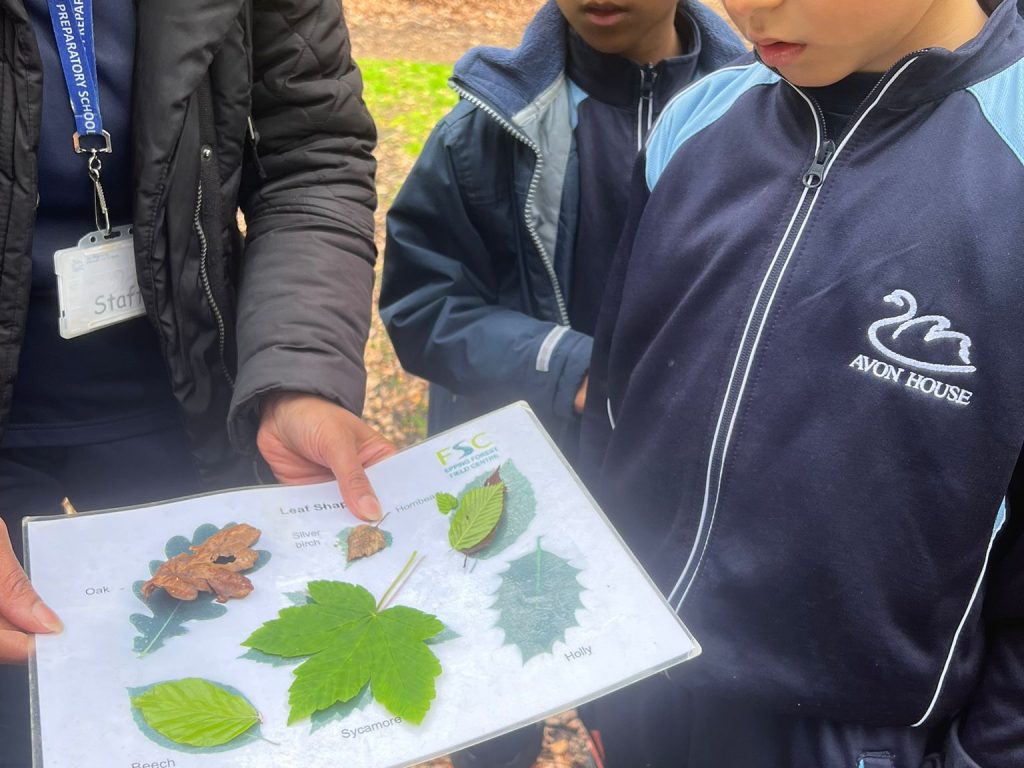 students looking at a paper with leaves on it